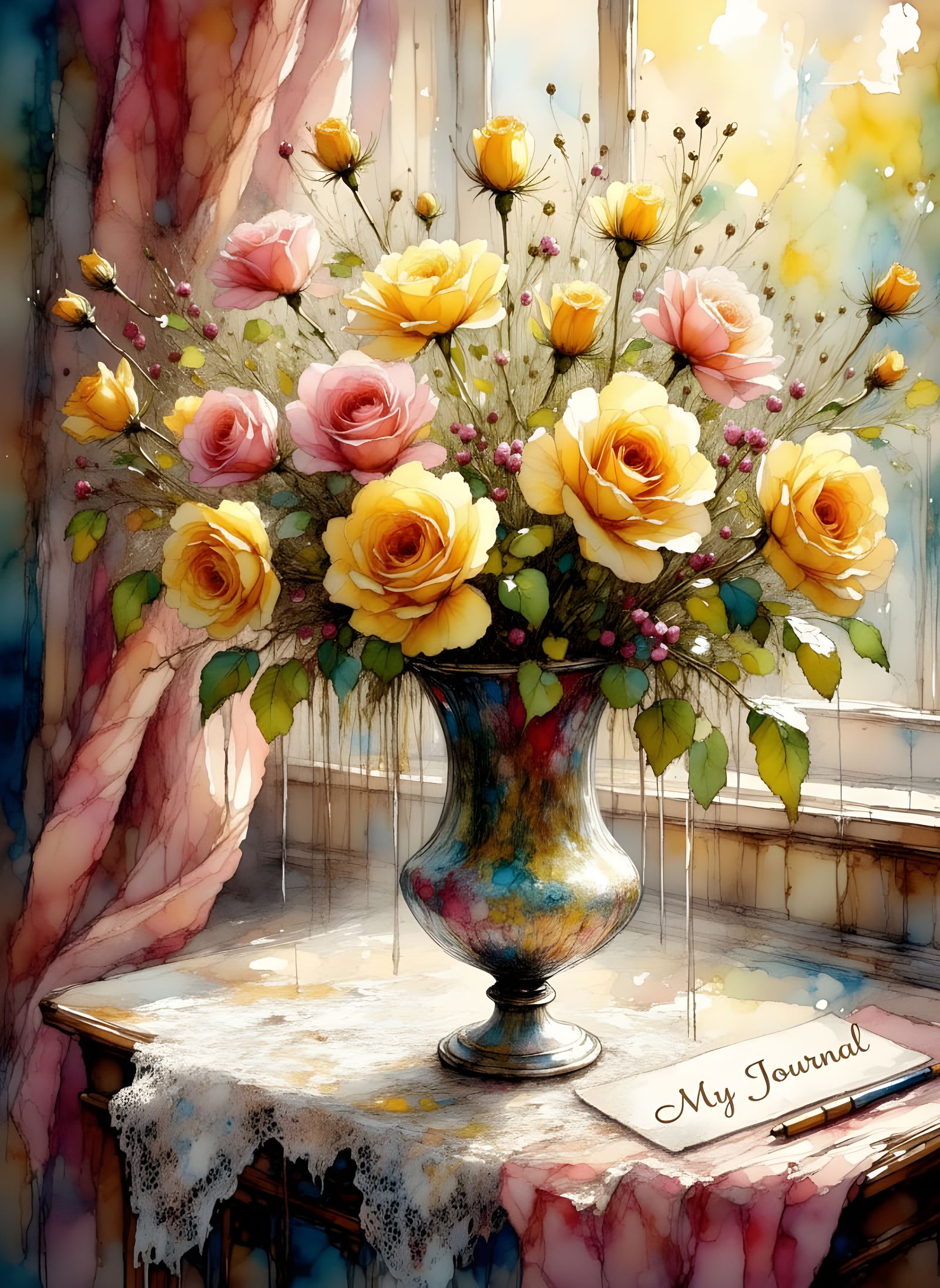 Yellow and Pink Roses in Crystal Vase Digital Painting