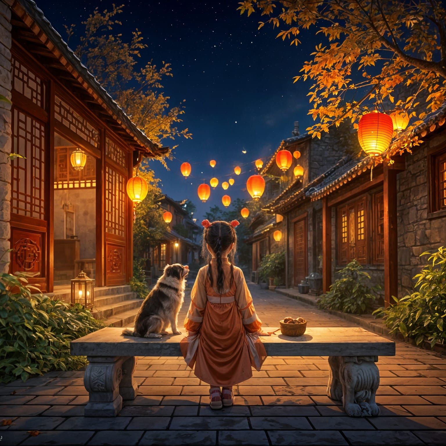 Girl and Dog at Mid-Autumn Festival