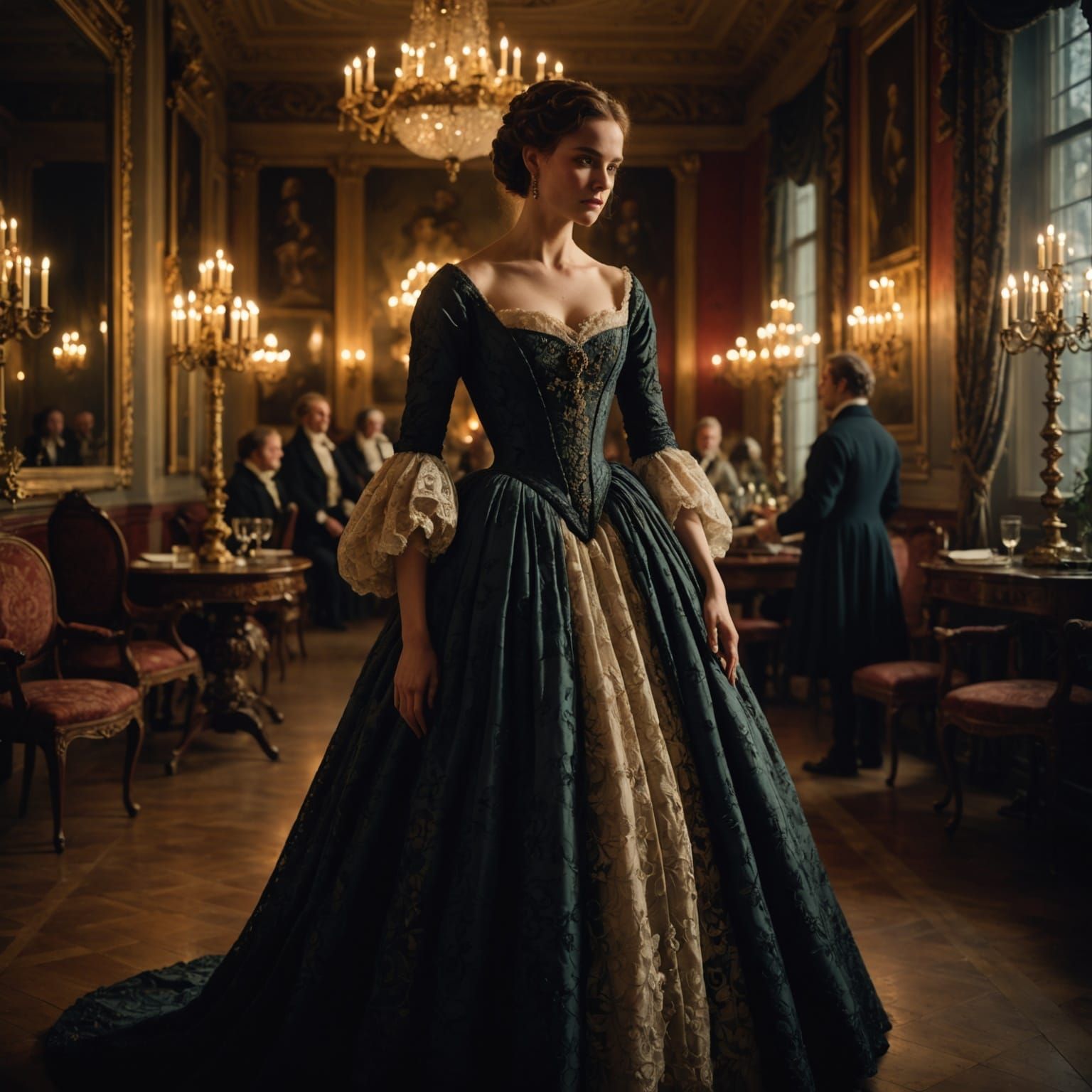 Elegant Woman in 1830s Ballgown in Grand Ballroom