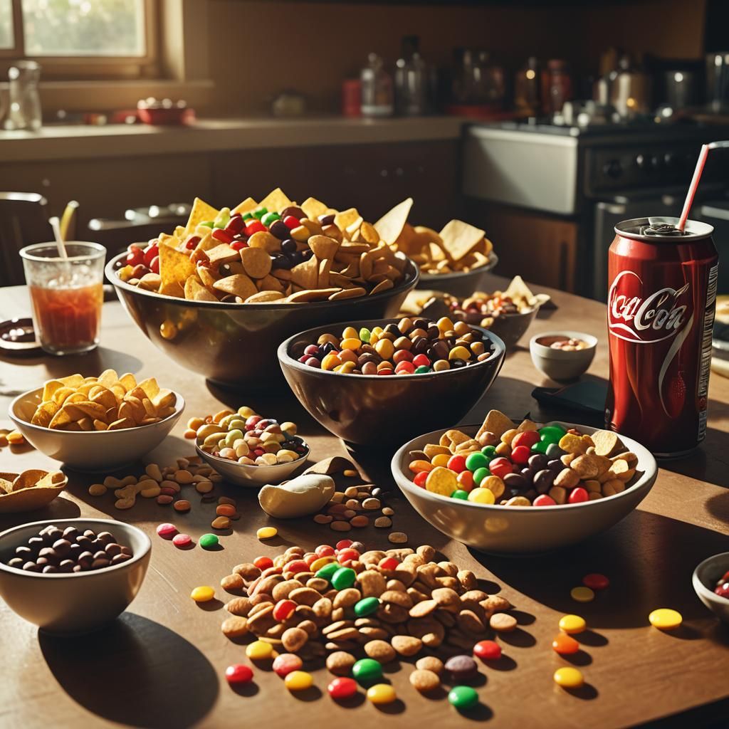 Realistic Bowl of Chips, Cereal, and Coke