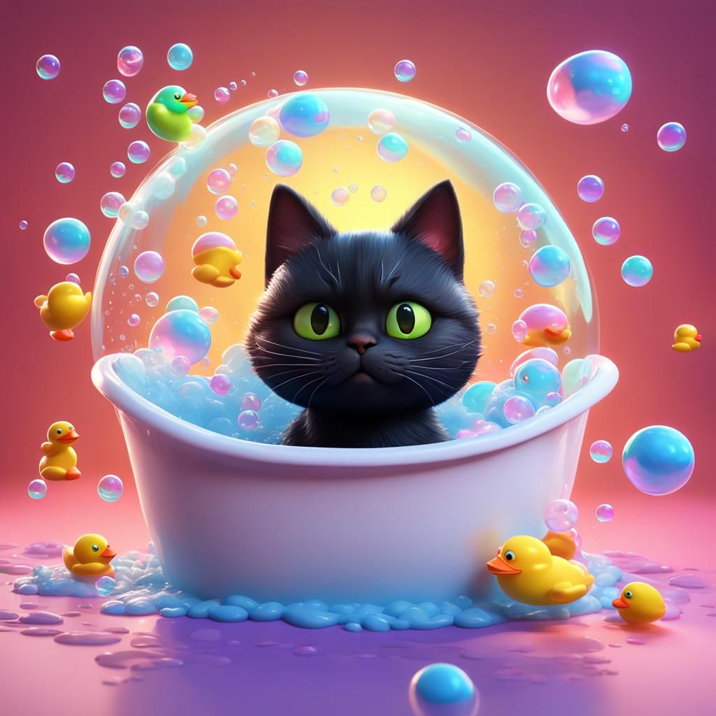 Black Cat's Bubble Bath: Pixar-Style 3D Art