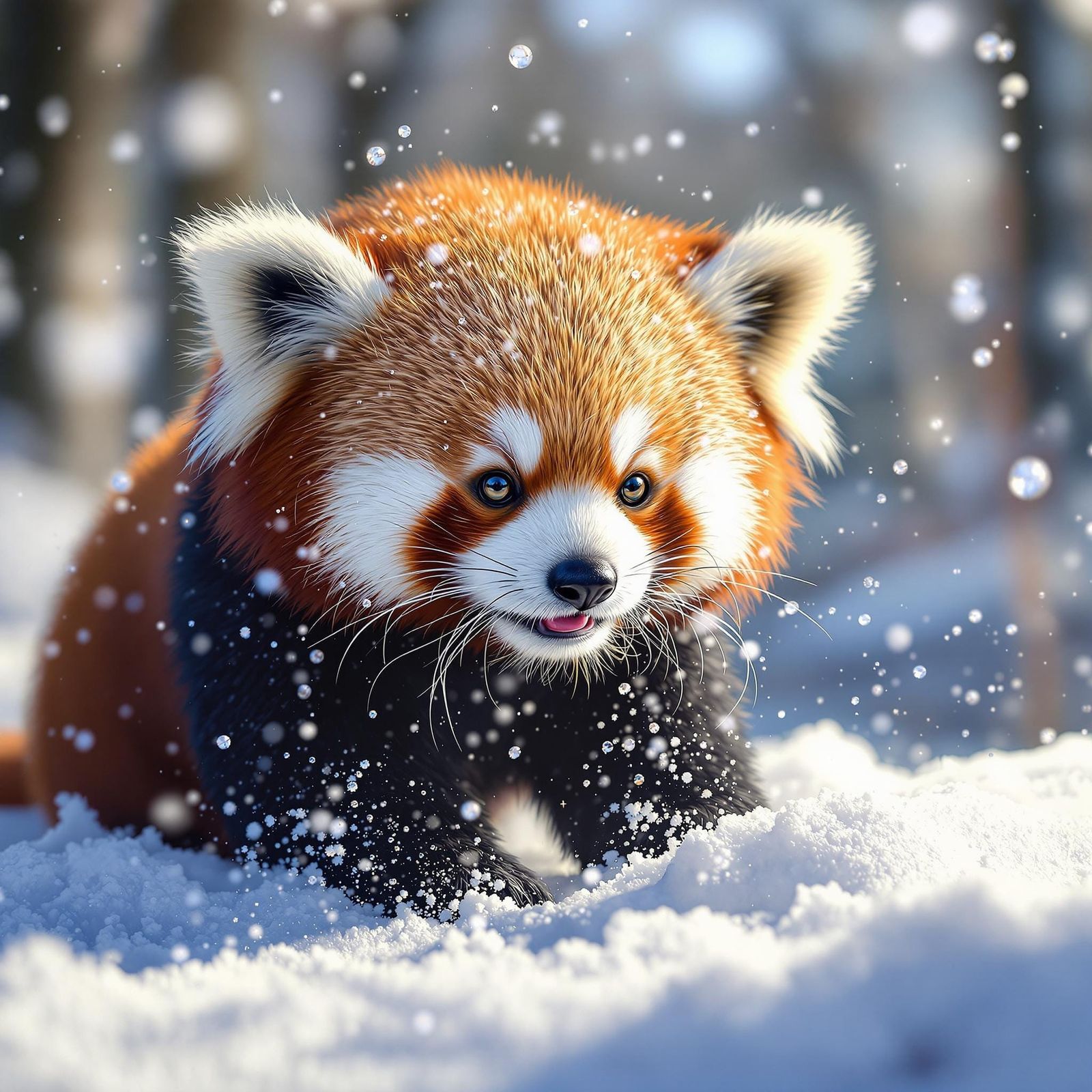 Red Panda Plays in Snow: Hyperrealistic Splash Art