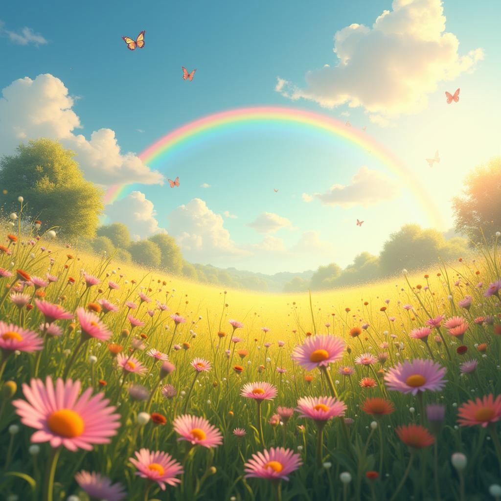 Rainbow Arches Over Vibrant Wildflower Meadow