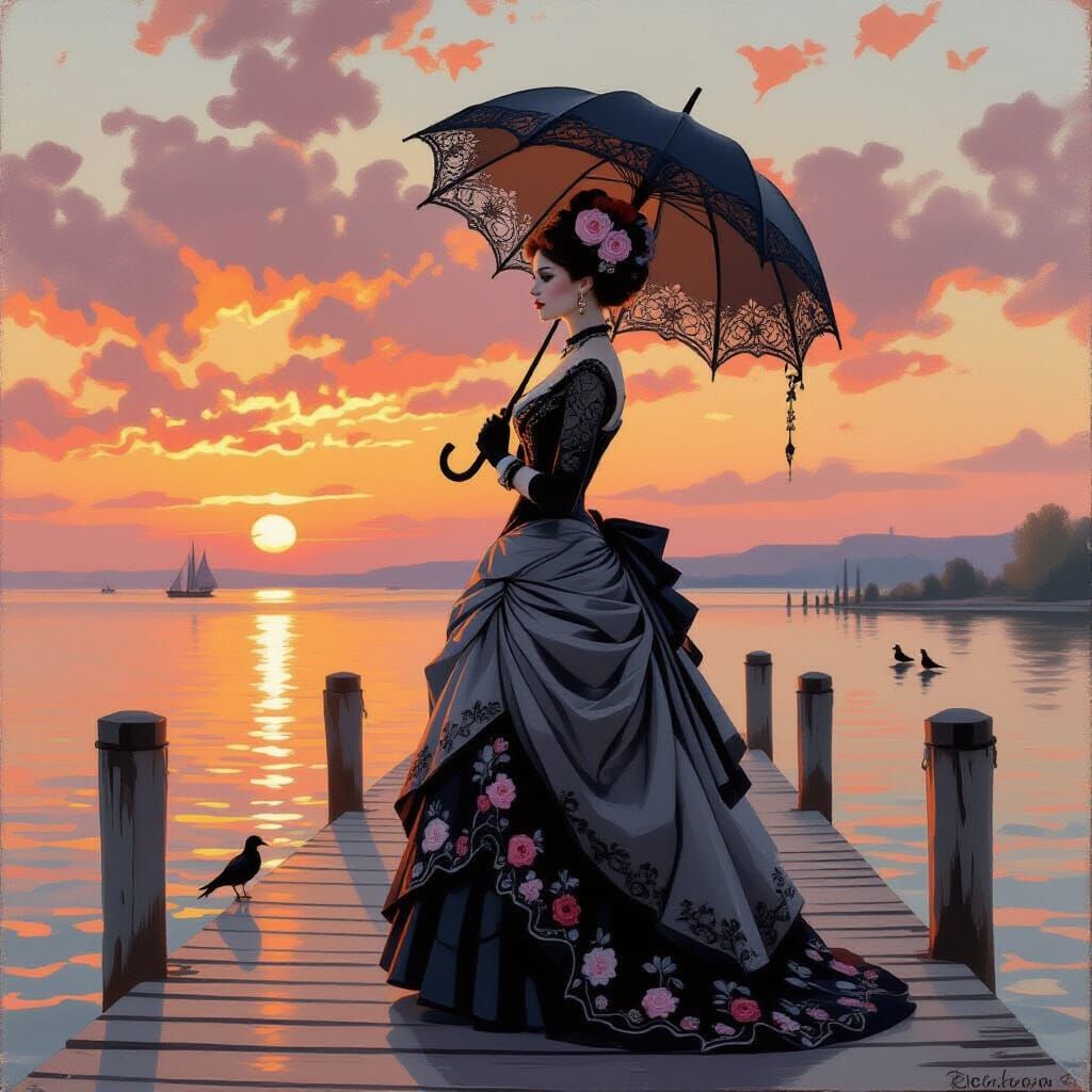 Impressionist Woman with Umbrella at Sunset Pier