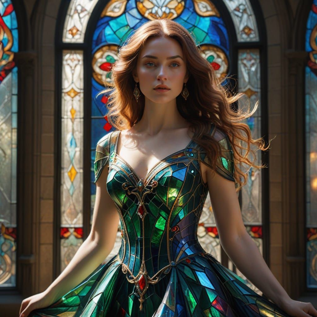 Woman in Iridescent Stained Glass Gown