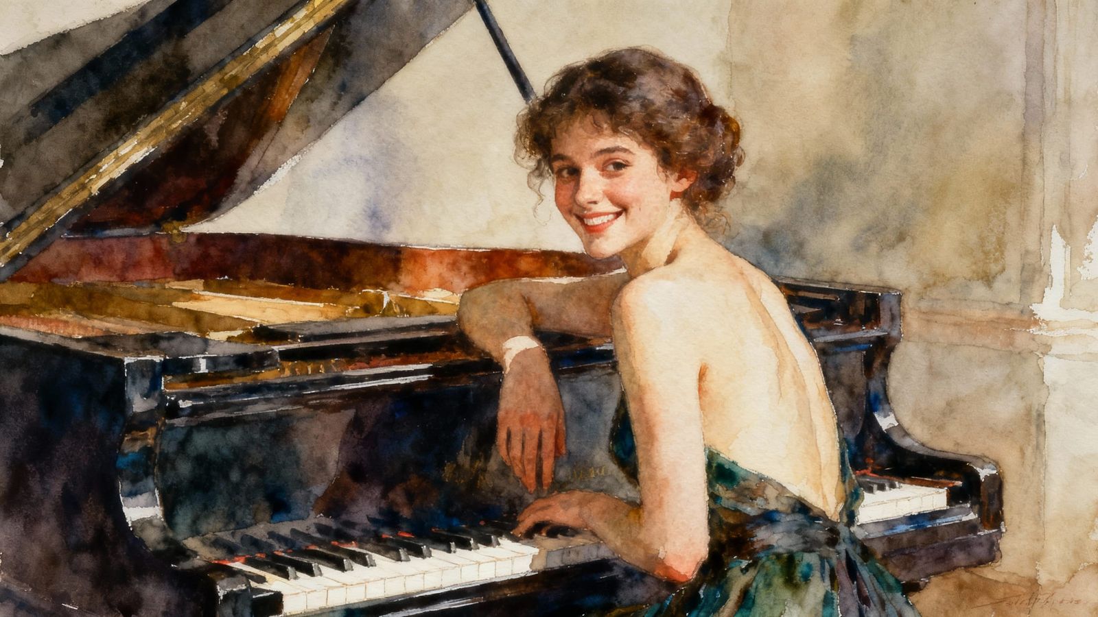 Woman Smiling by Piano in Rembrandt Style Sketch