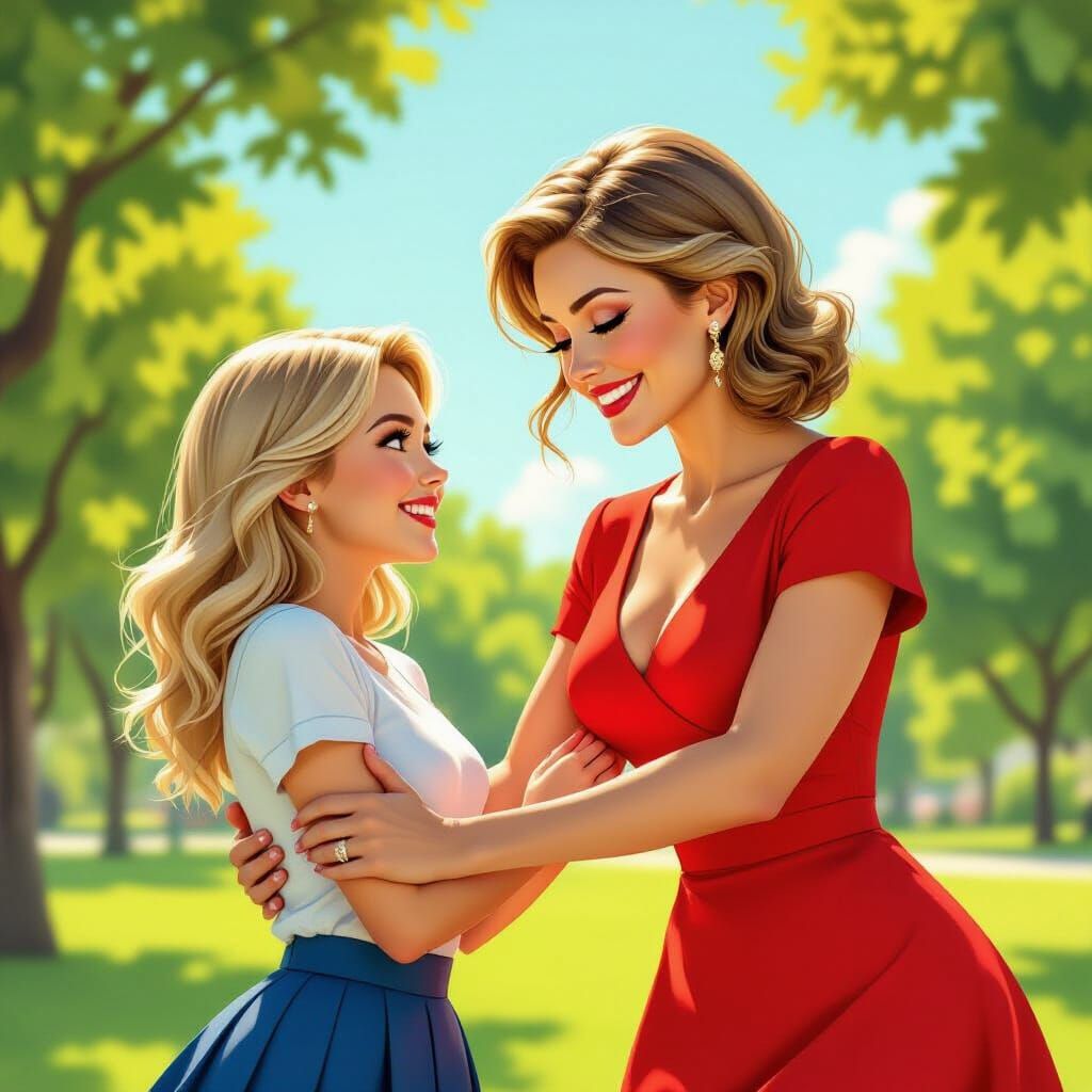 Joyful Park Scene: Mature Woman and Student Playfully Intera...