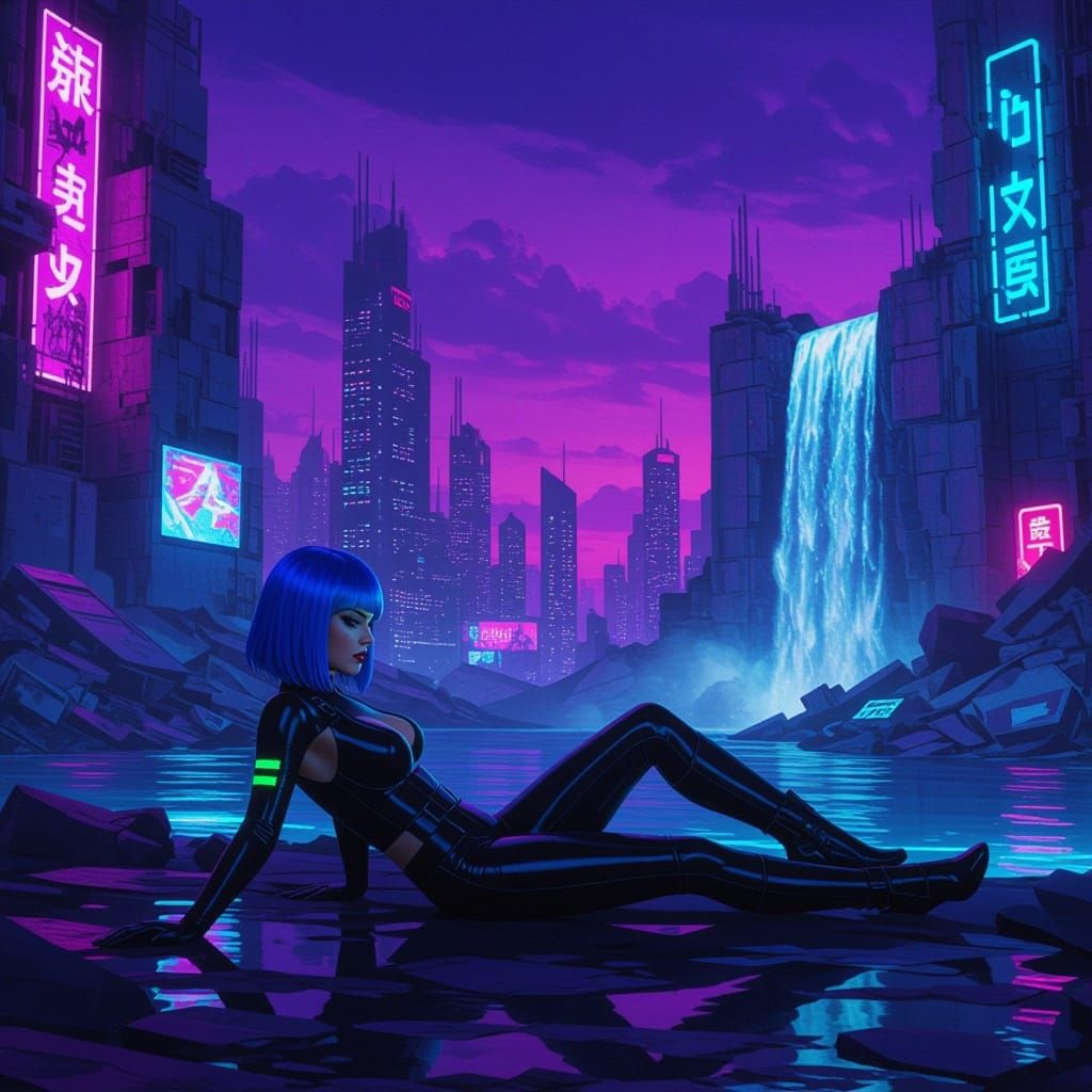 Futuristic Female in Neon Ruins of a Cyberpunk Cityscape