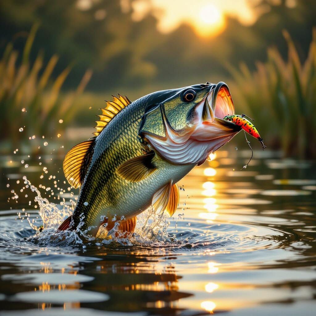 Massive Largemouth Bass Leaps From Lake With Lure