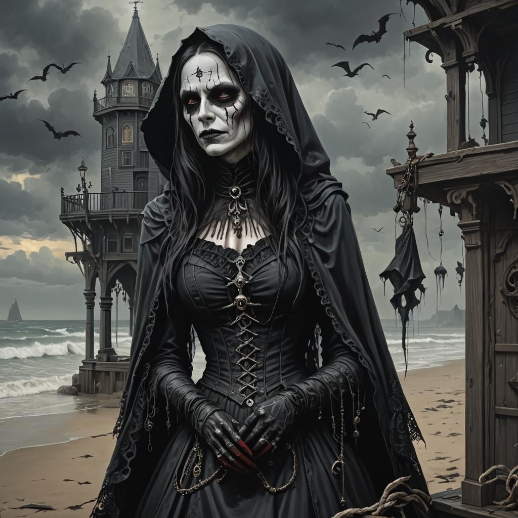Sinister Gothic Seaside Widow in Fantasy Art Style