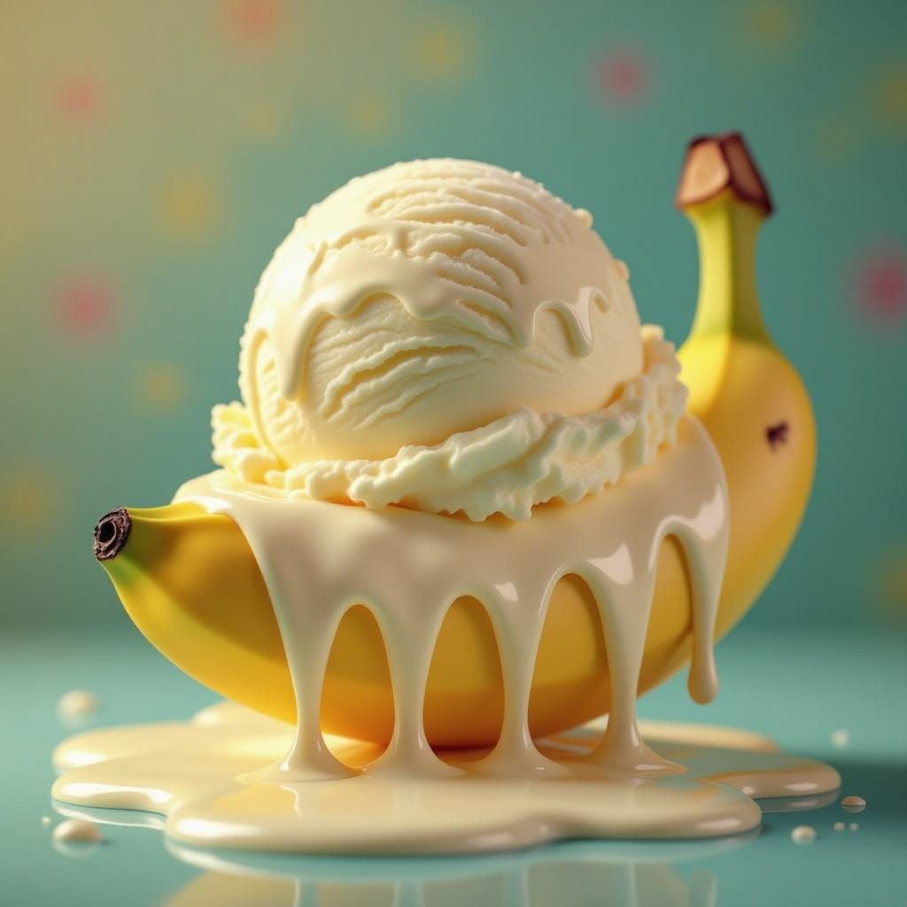 Melting Vanilla Ice Cream Dripping from Banana Support