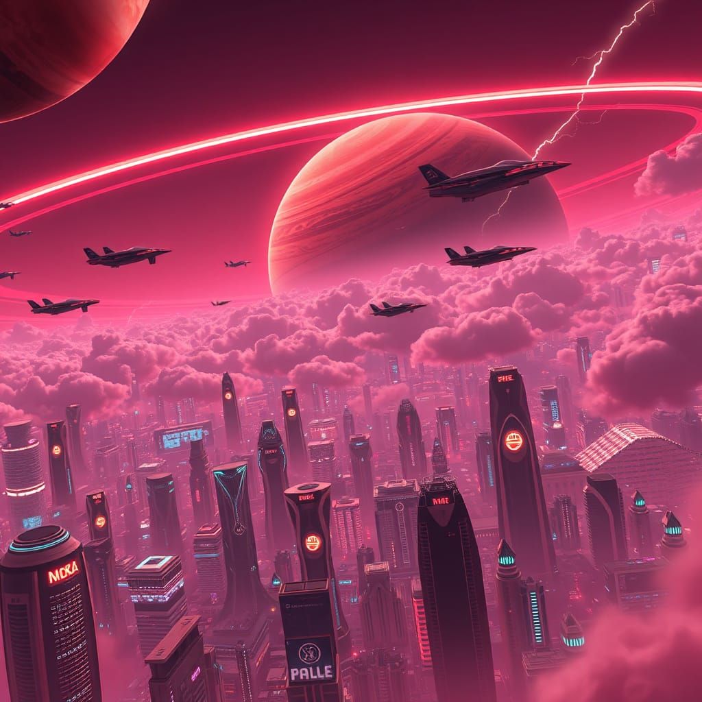 Ultra Futuristic city flying cars in jupiter 2300 years realistic urban red sunset cloudy neon highly creative never see...
