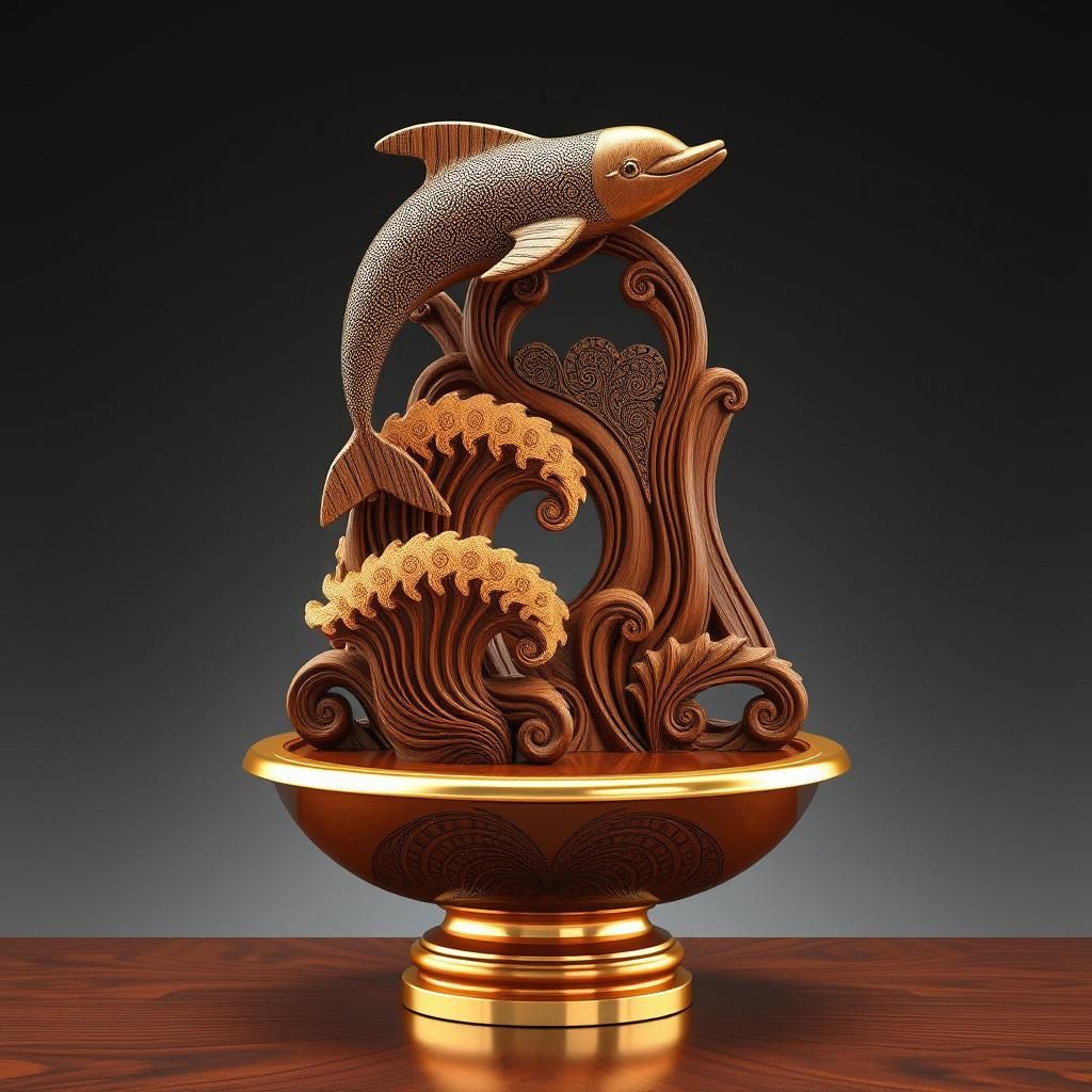 Wooden Dolphin Fountain with Fractal Wave Patterns