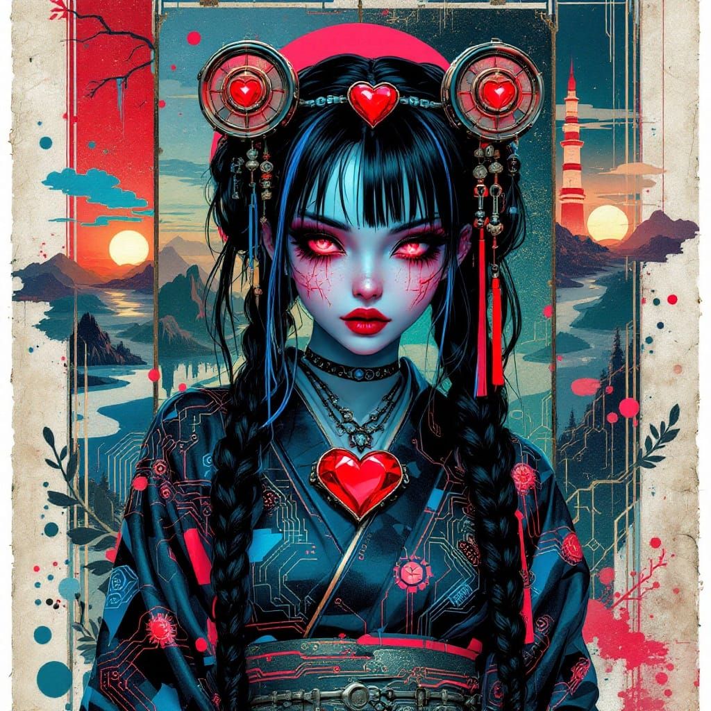 Cyberpunk Geisha in Neon Kimono with Steampunk Elements