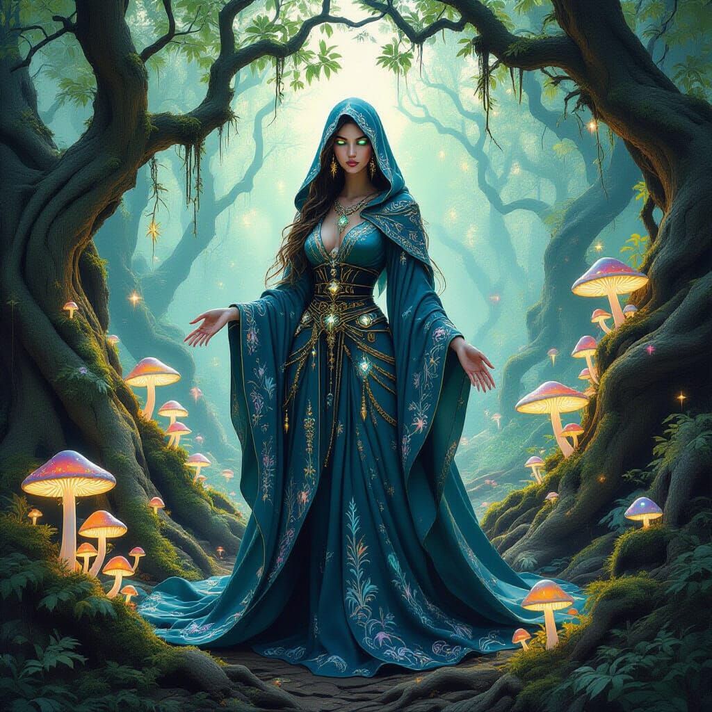 Mystical Sorceress in Enchanted Forest: Impasto Gouache