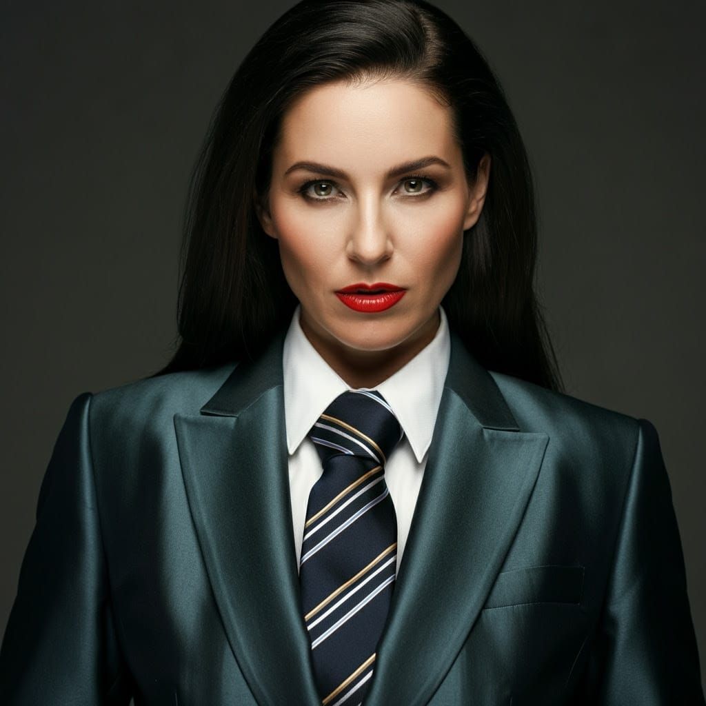 Strict British Businesswoman in Silk Suit