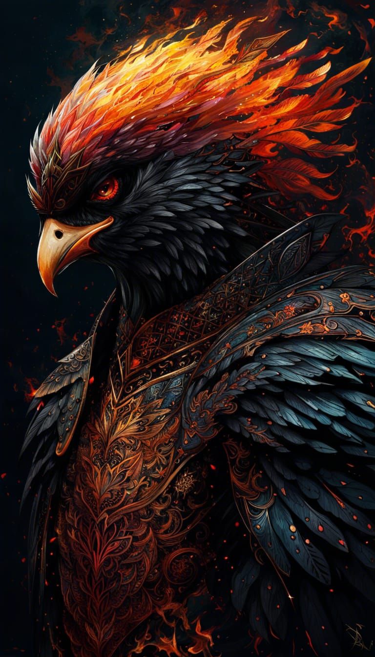 Knight Phoenix with Fire Outlines Digital Painting