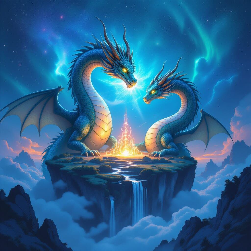 Dragons on Celestial Island in Nebula