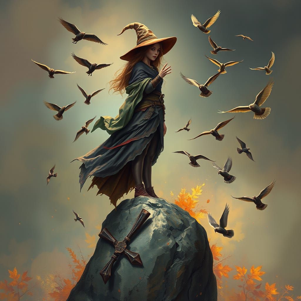 Cozy Autumn Witch Apprentice on Rock with Birds