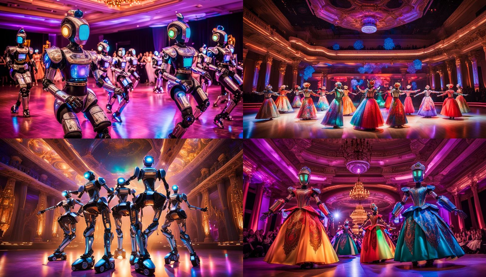 Robots Dancing with Girls in Futuristic Ballroom