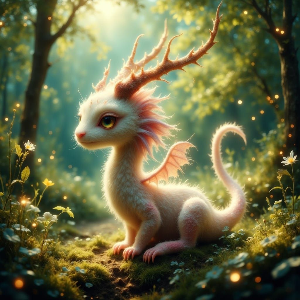 Fluffy Snake-Dragon Hybrid Explores Summer Forest