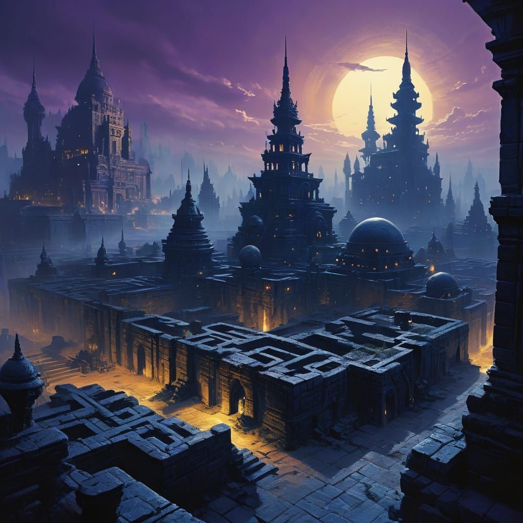 Epic Labyrinth City Under Evening Haze