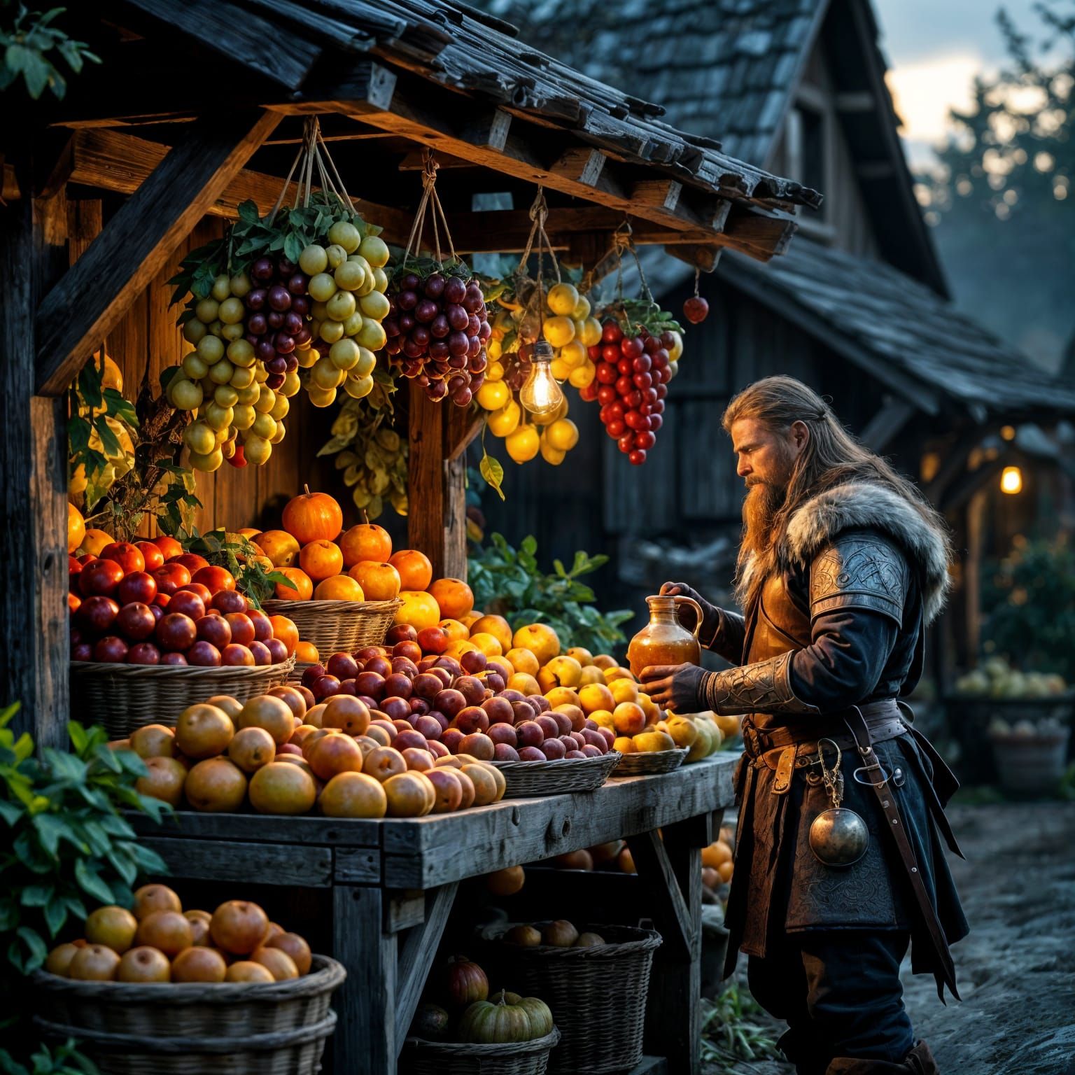 Medieval Farmstand with Fantastical Produce at Dusk