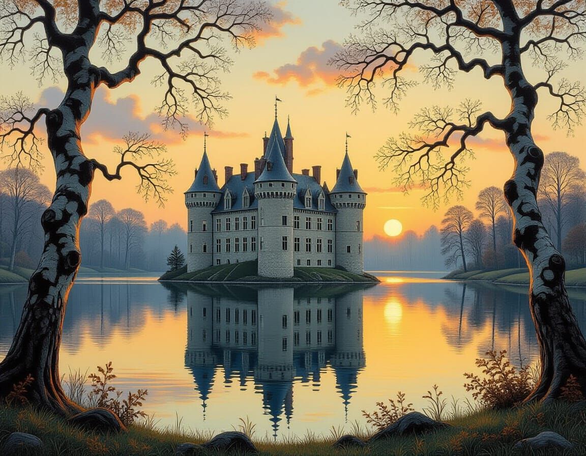 Majestic Castle Stands Proudly in the Middle of a Serene Lak...