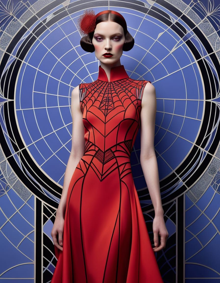 Glamorous Woman in Art Deco Style Red Dress