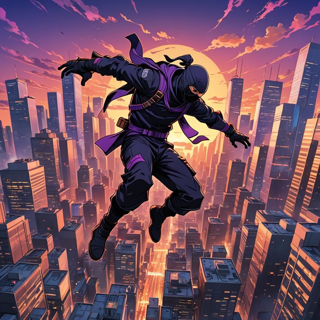 Cel-Shaded Ninja Leaps Through Vibrant City
