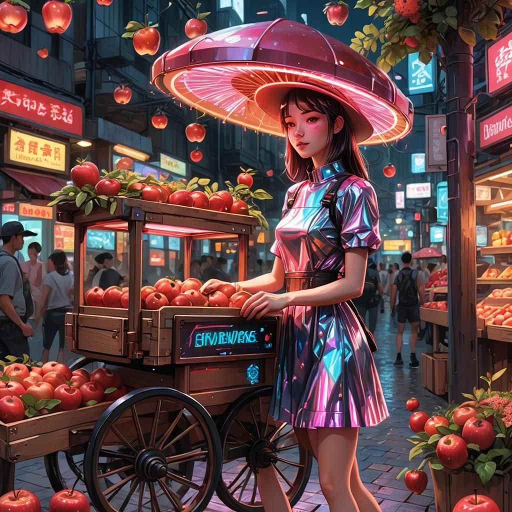 Cyberpunk Apple Vendor on Neon Street