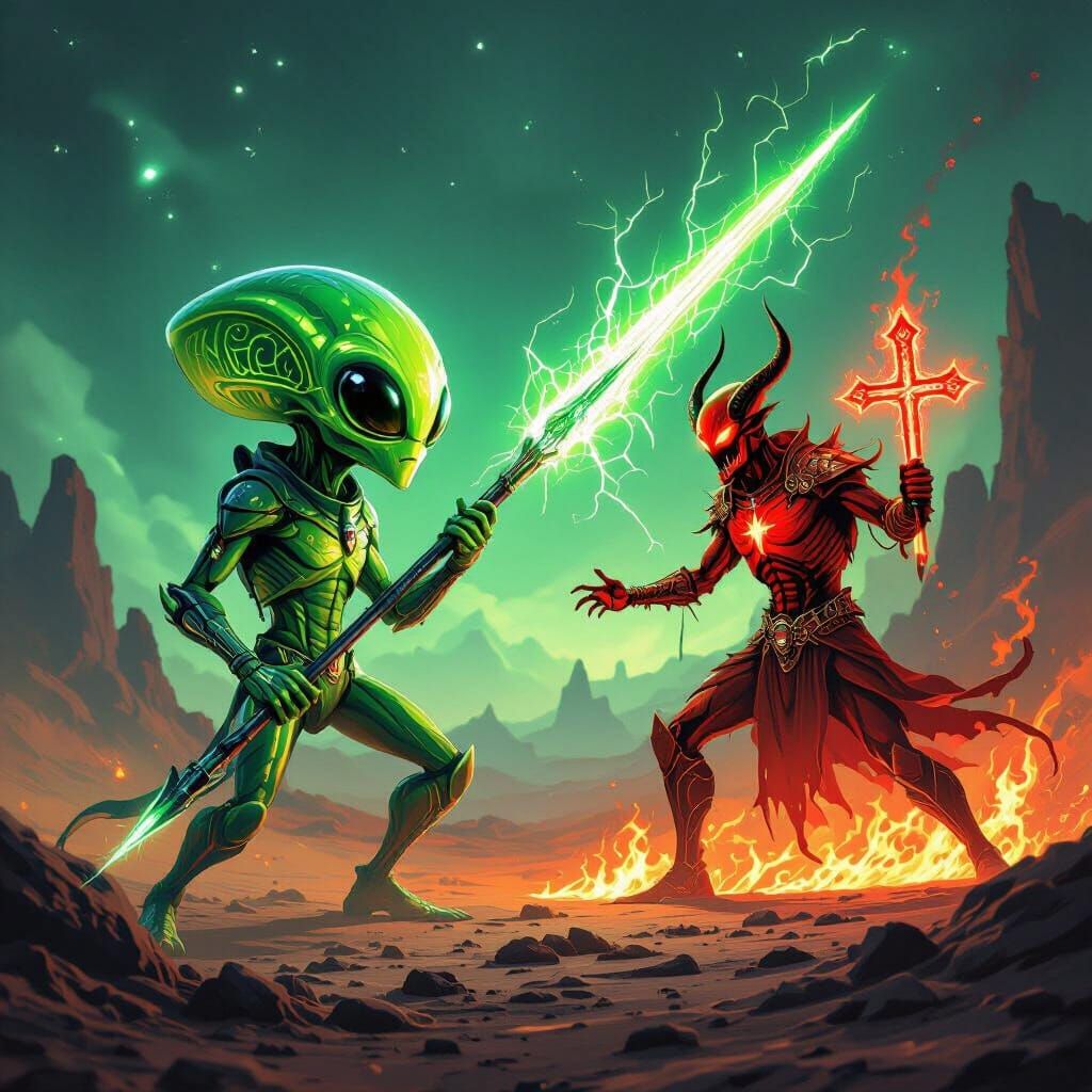 Green Alien Battles Red Demon with Futuristic Spear and Holy...