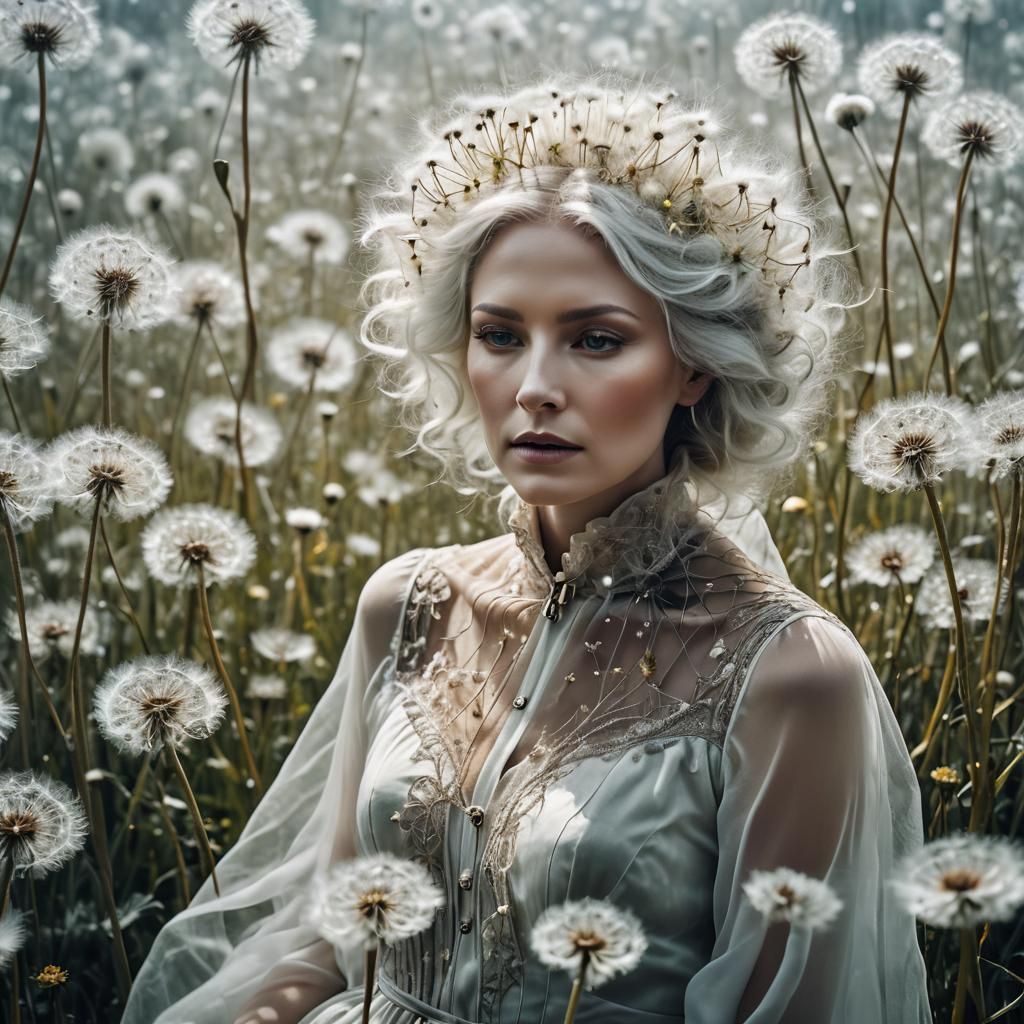 Ethereal Woman in Dandelion Dreamscape, Surreal Portrait
