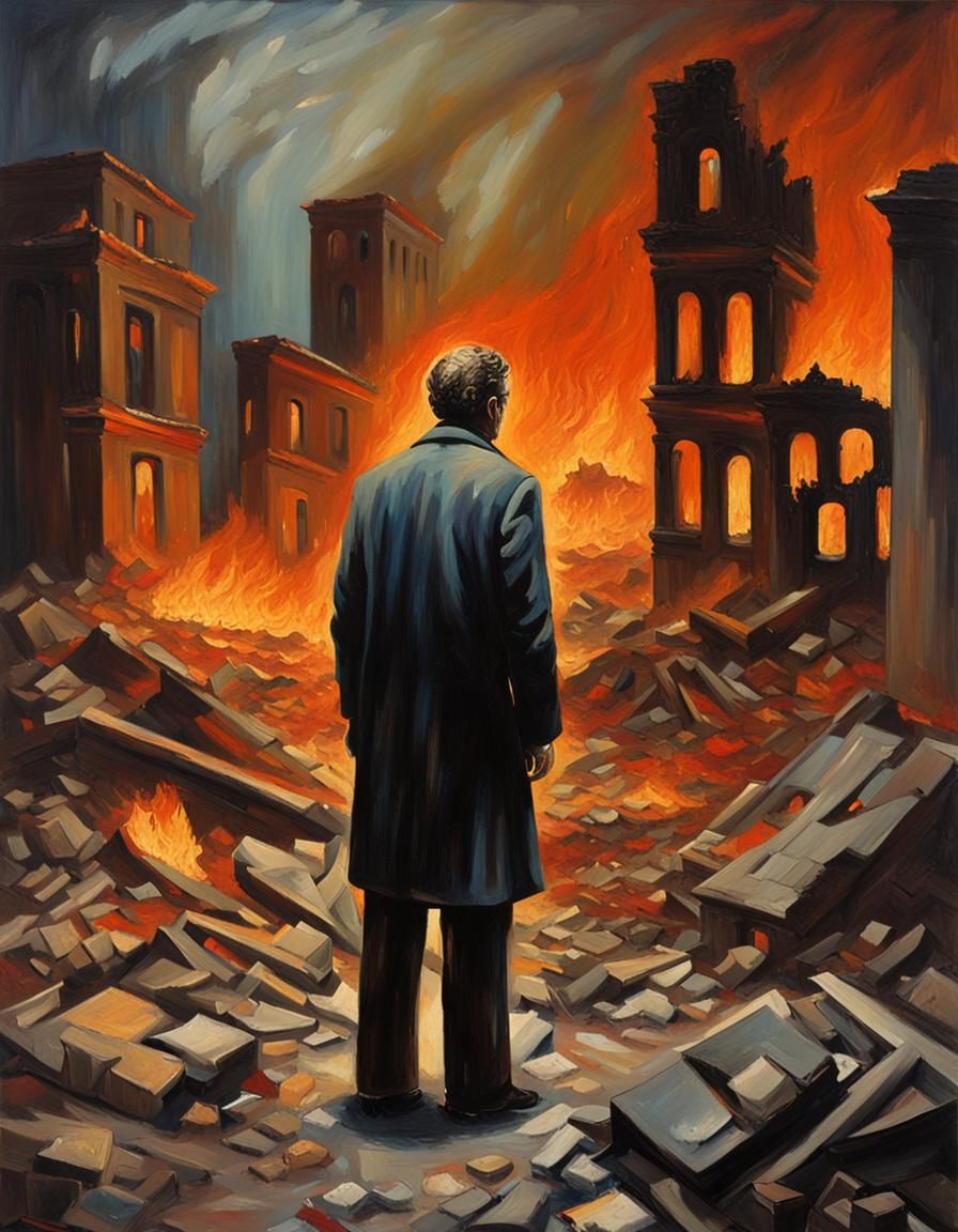 Distraught Figure Amidst Ravaged City in Surrealist Oil Pain...