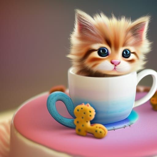 Adorable Kitten in a Mug: Hyperrealistic Digital Art
