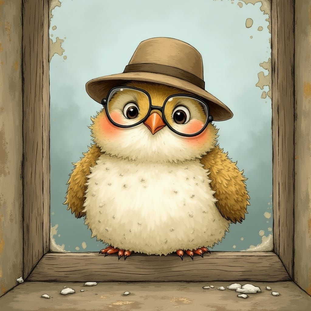 Comical Cotton Ball Bird Peering Through Window