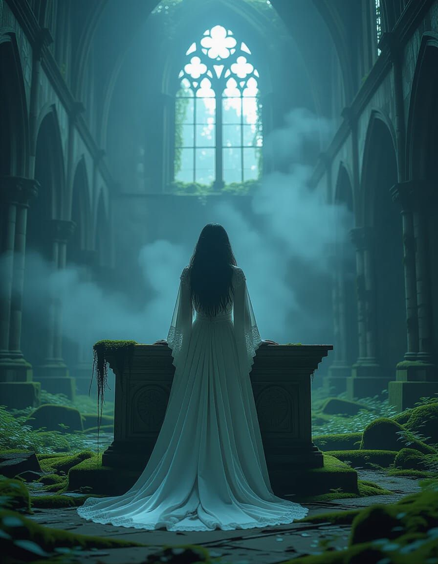 Ethereal Woman in Ruined Gothic Cathedral