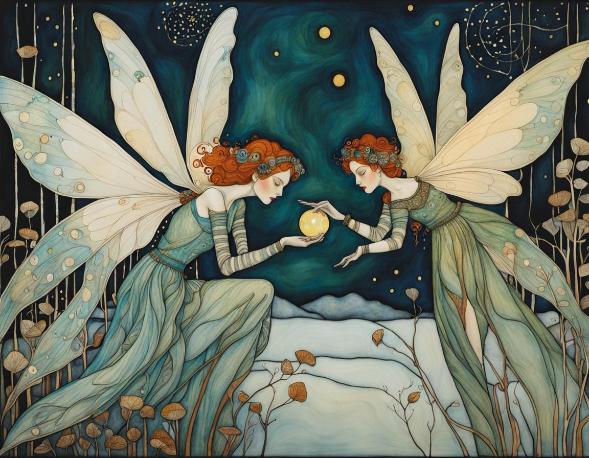 Ethereal Winged Fairies in Klimt-Schiele Style