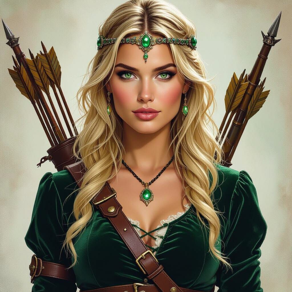 Fantasy Warrior Woman With Jeweled Headband and Crossbows