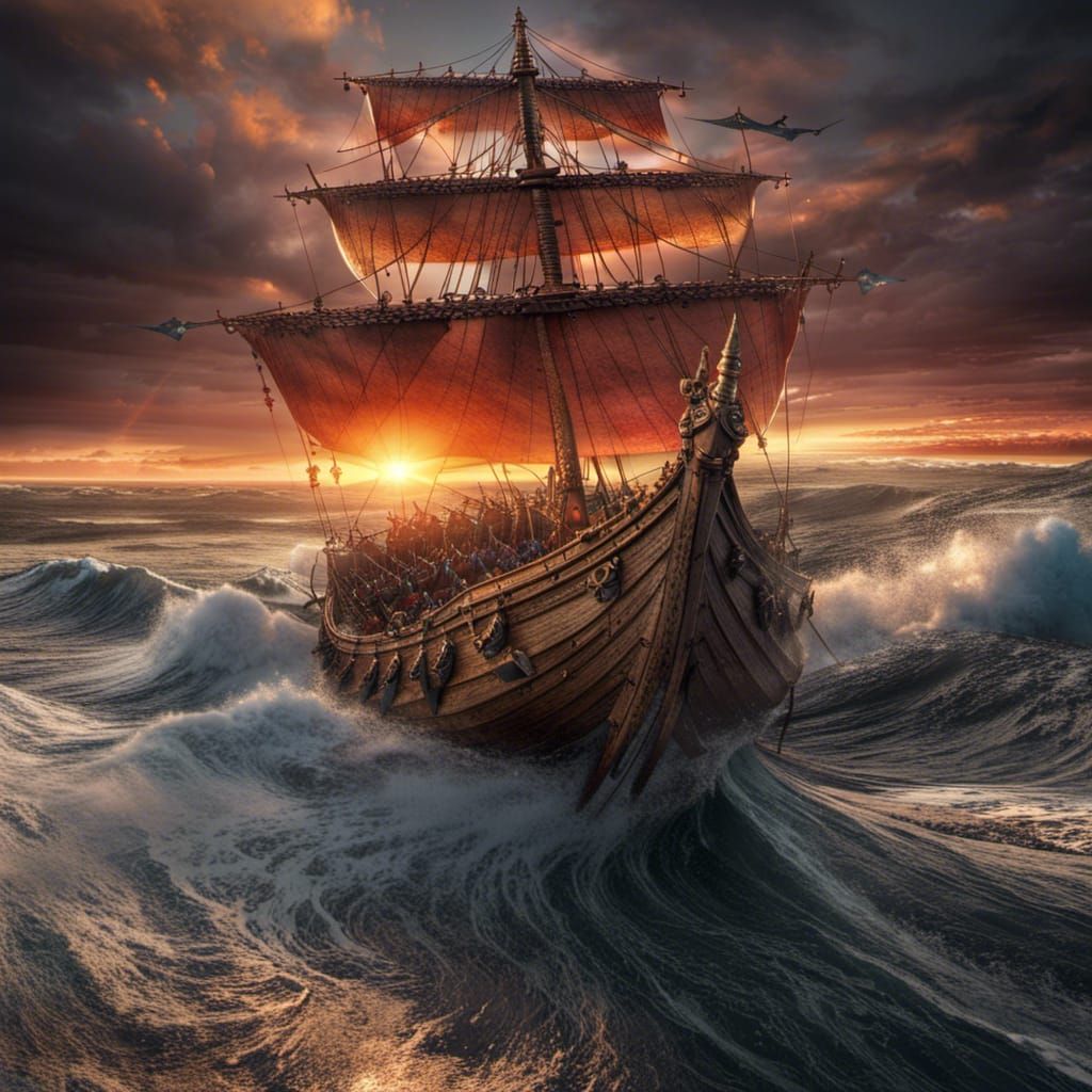 Viking Warship Amidst Stormy Seas at Sunset