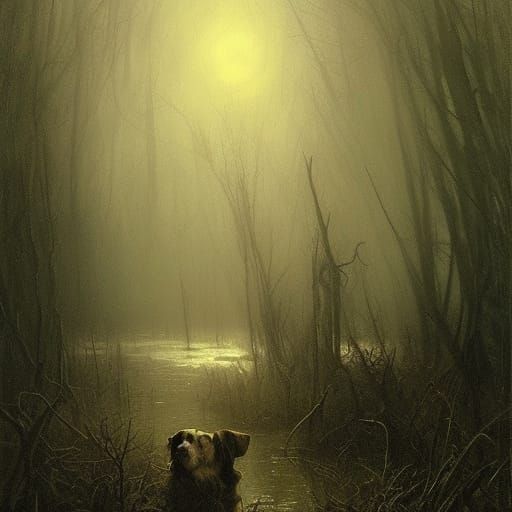 Hound of Baskervilles in Foggy Swamp Oil Painting