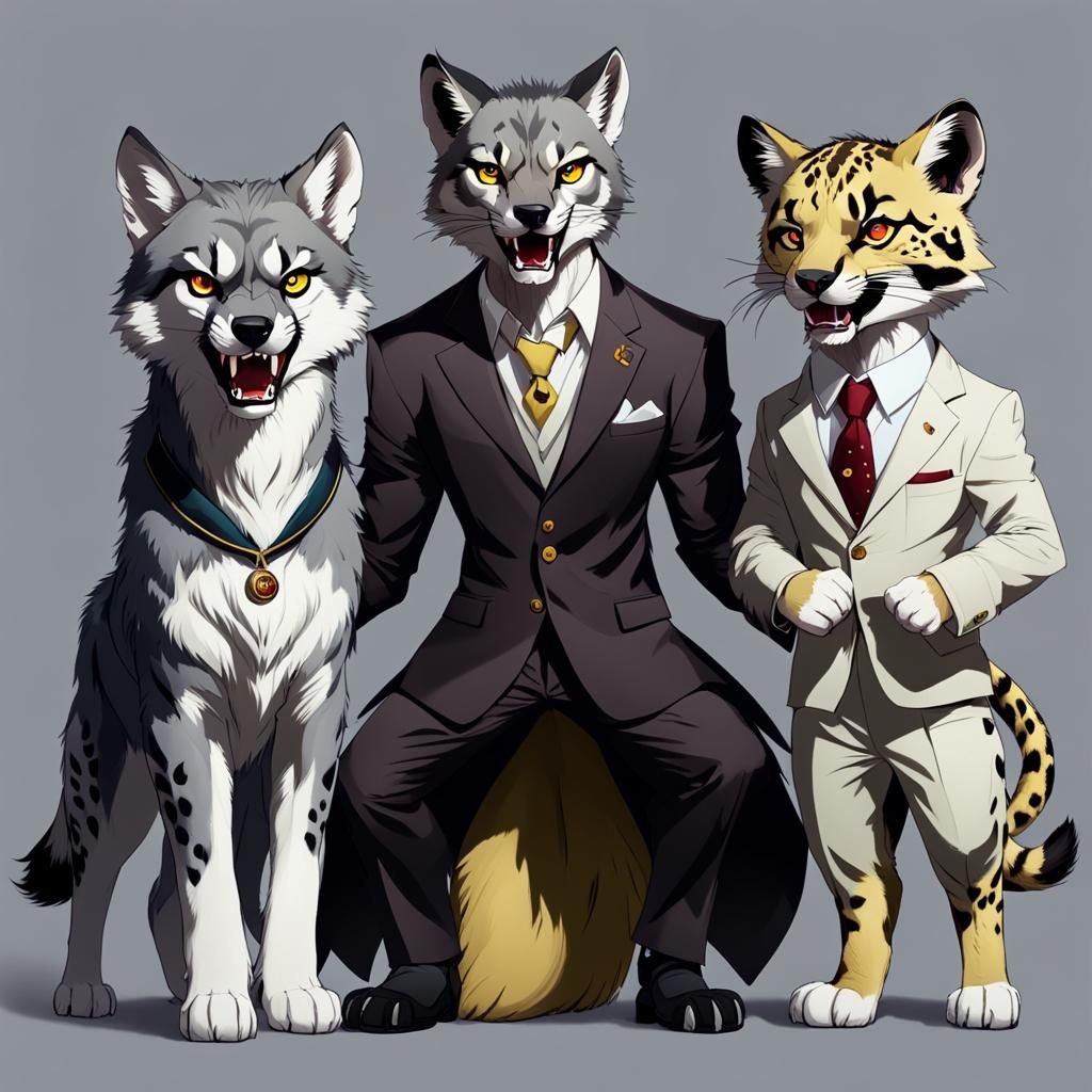 an anthropomorphic greyish wolf, in a low growl and angry he...