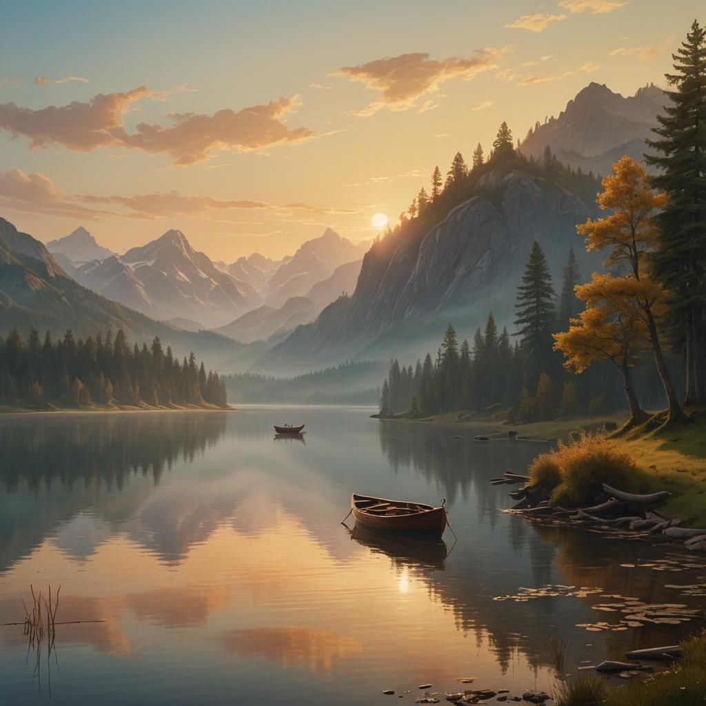 Michael's Sunset Rowboat Journey: Bierstadt-Inspired Landsca...
