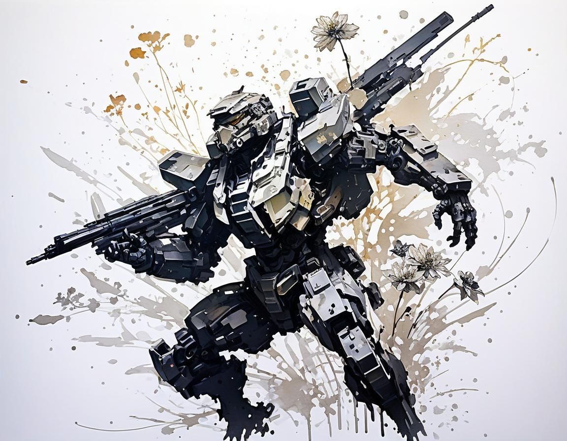 Botanical Pixel Art with Ink Splashes