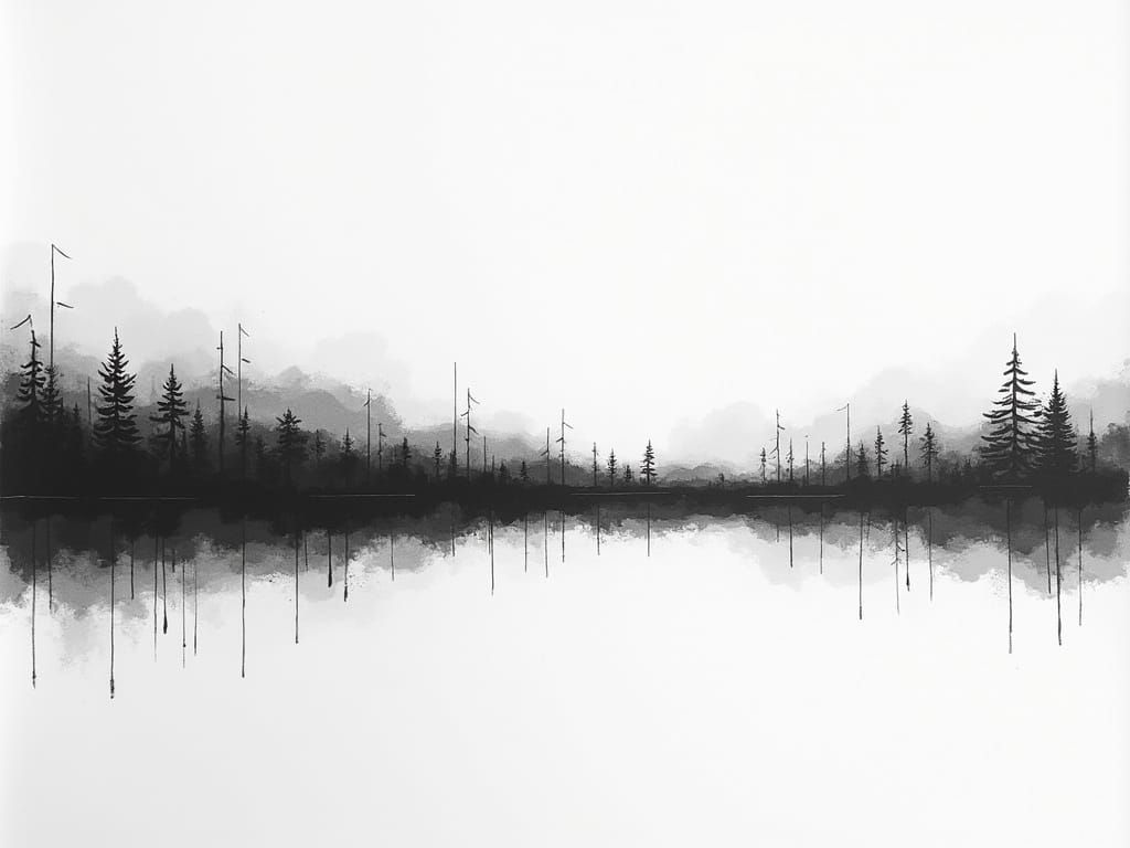 Serene Black and White Landscape Drawing in Minimalist Style