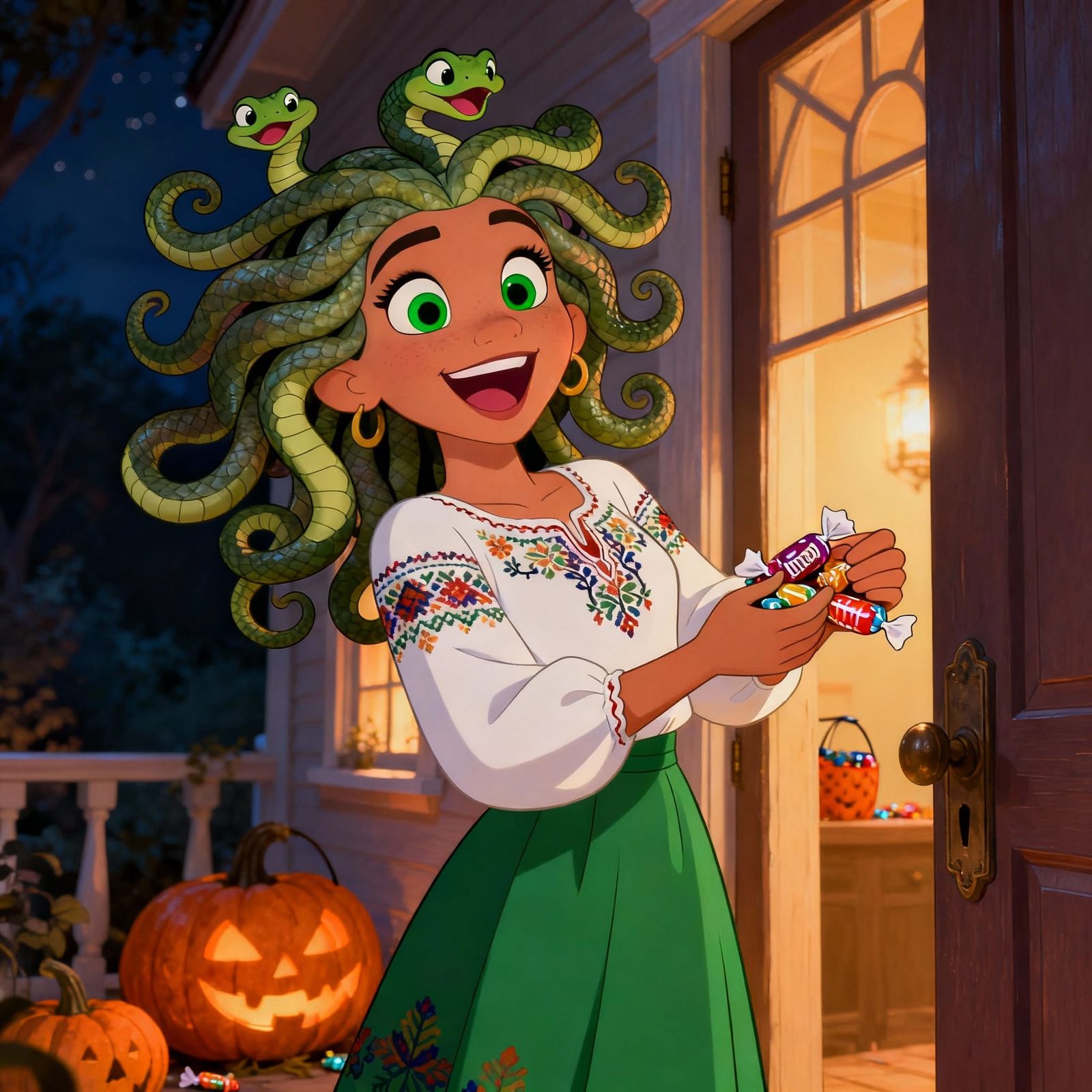 Happy Medusa Girl by House Door on Halloween Night