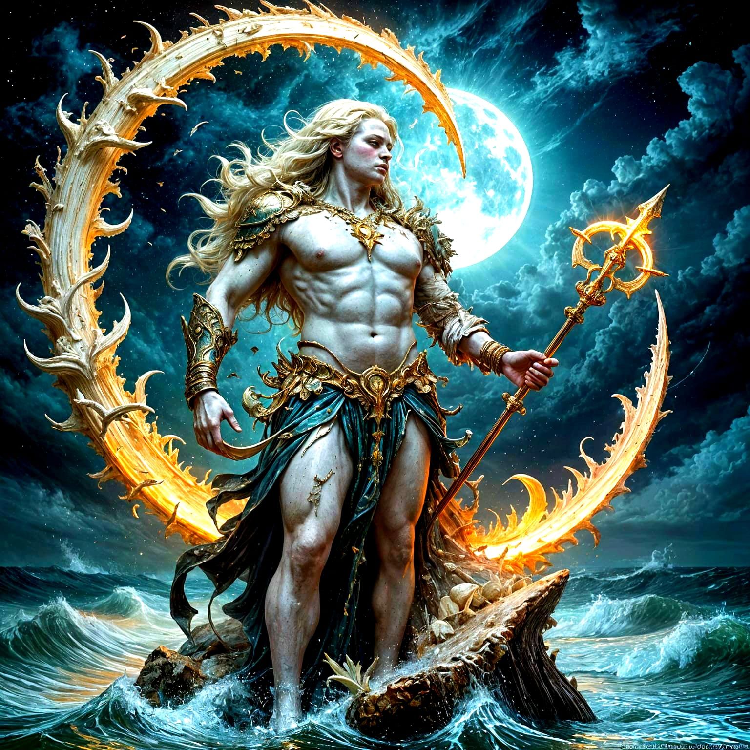 Massive Seashell Figure with Trident in Tempestuous Sky