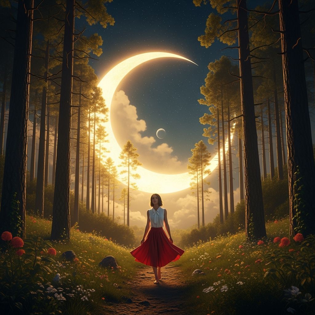 Surreal Forest Scene: Woman Walks Under Giant Moon