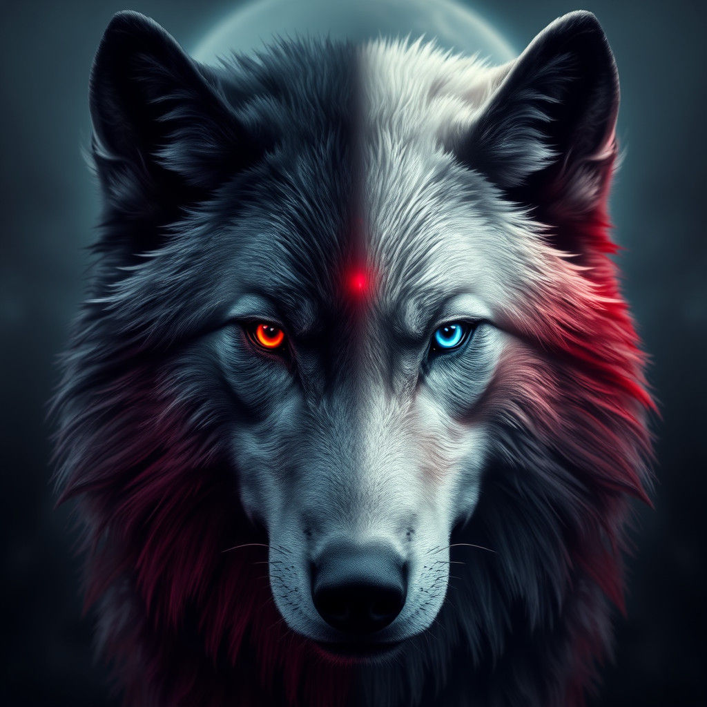Dichromatic Wolf Portrait in Hyper-Realistic Style
