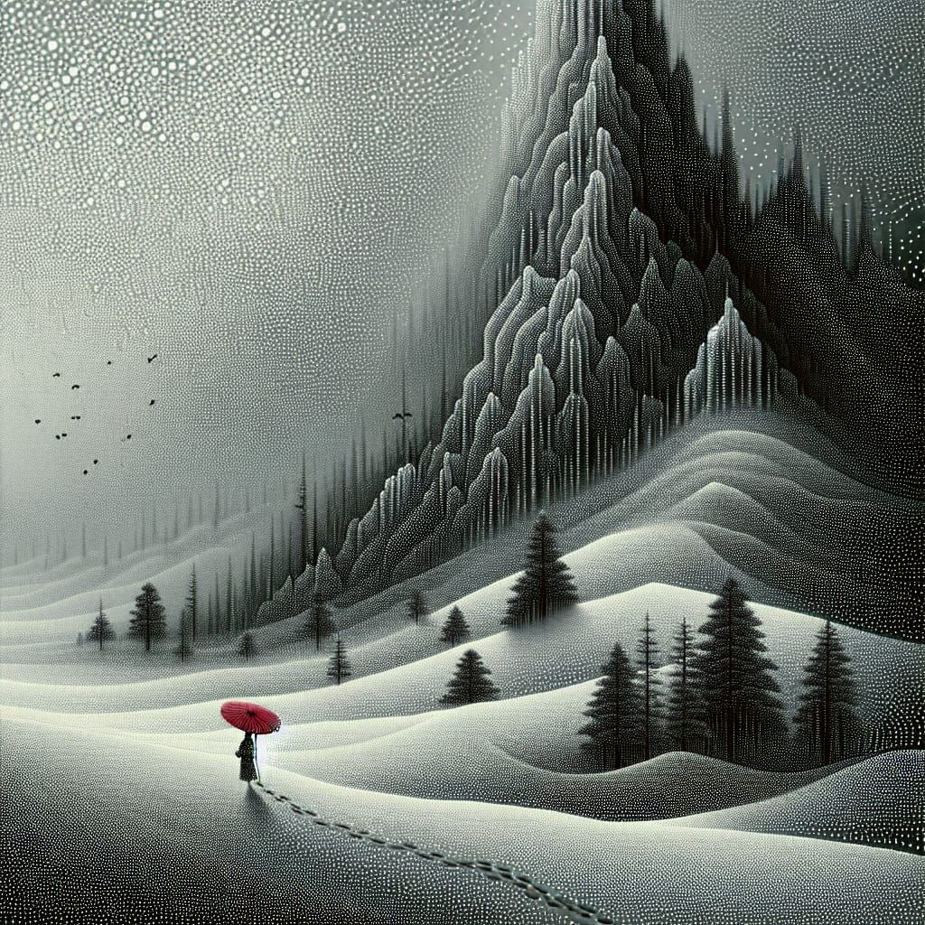 Ethereal Gray Landscape with Spotted Sky and Red Umbrella